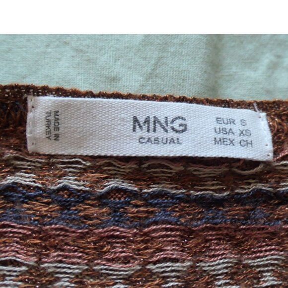 Brown thin sweater, with geometric pattern and metallic yarn. MNG, Size XS - Picture 4 of 9